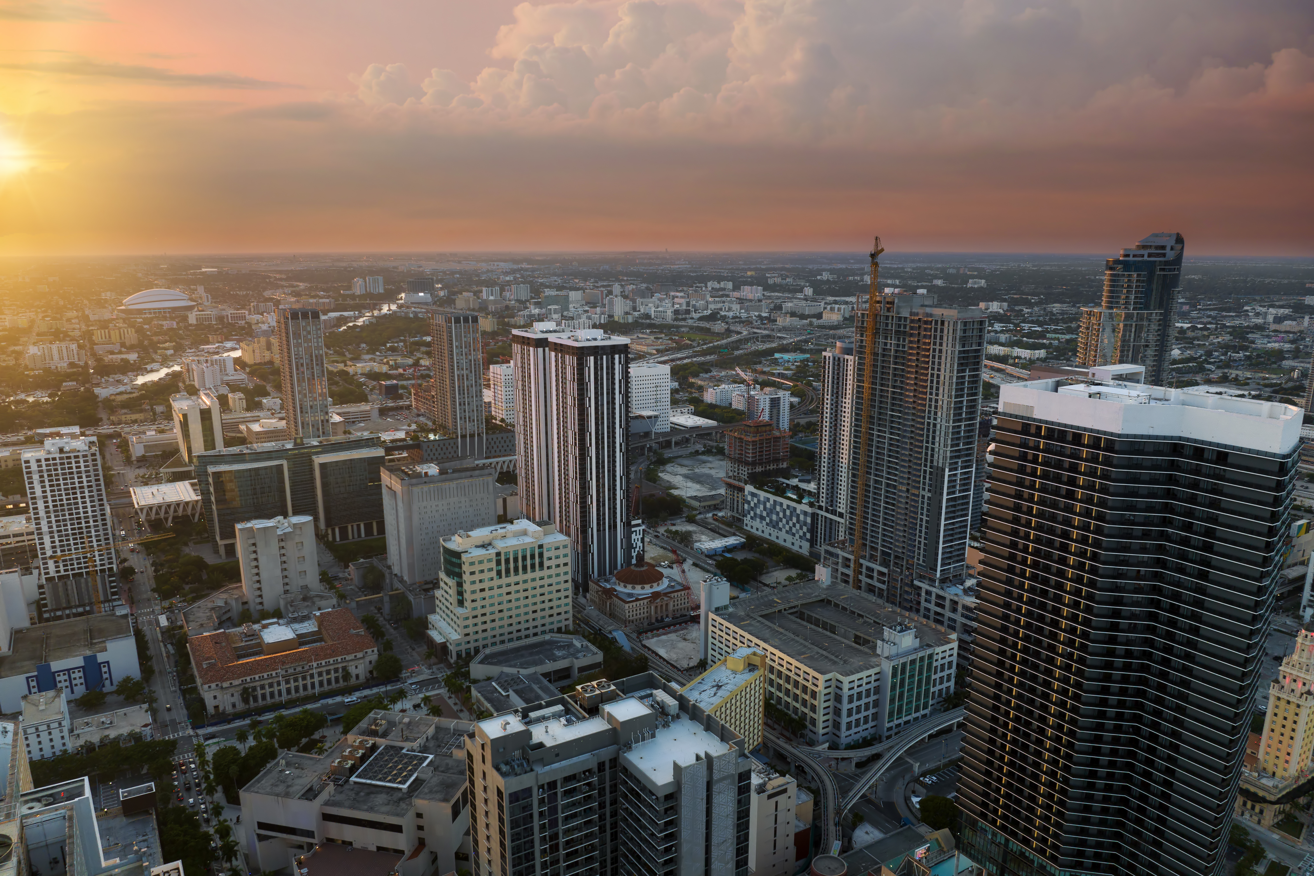 Evening urban landscape of downtown district of Miami Brickell in Florida, USA.