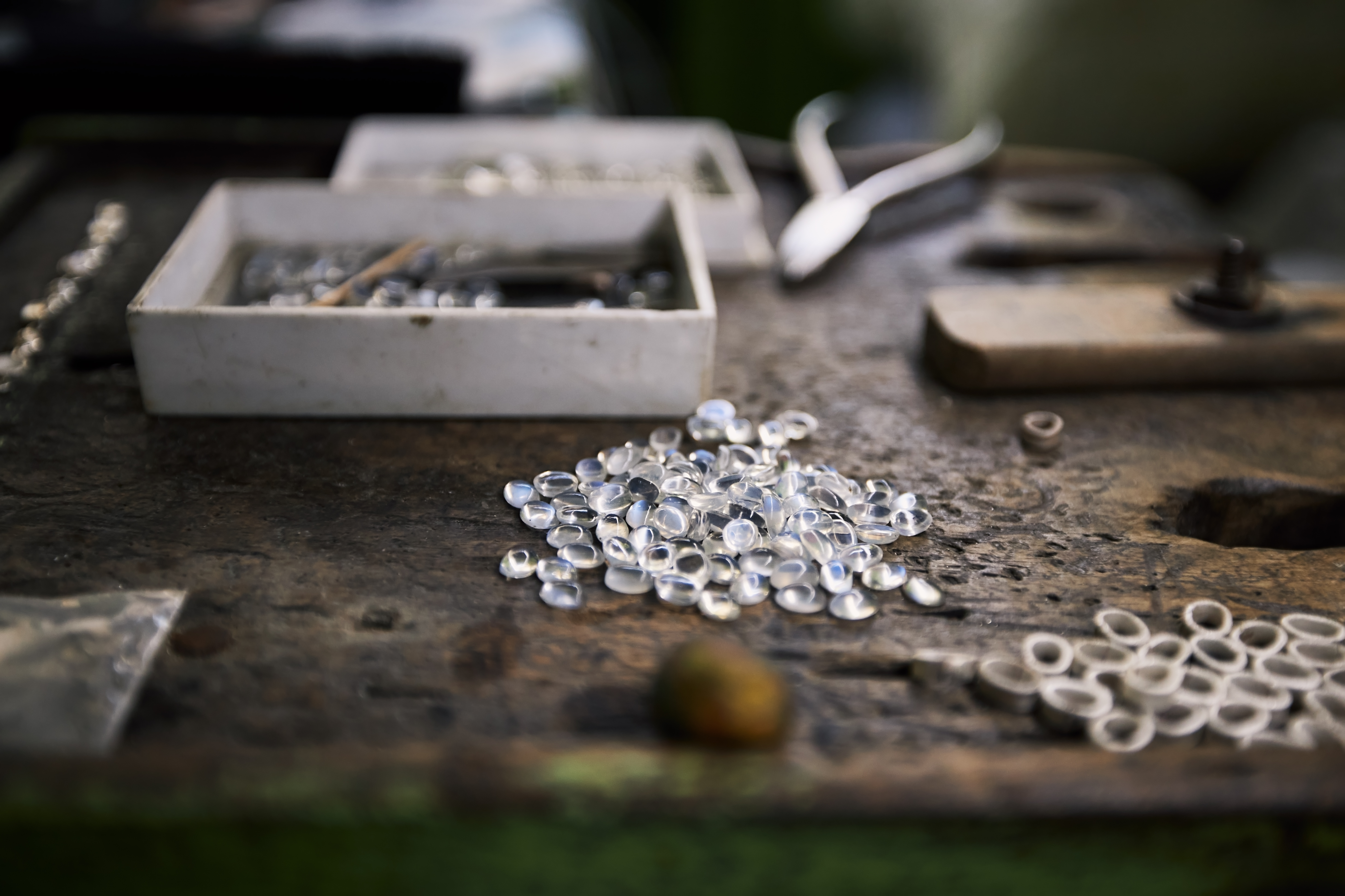 Still life with gemstones in workshop